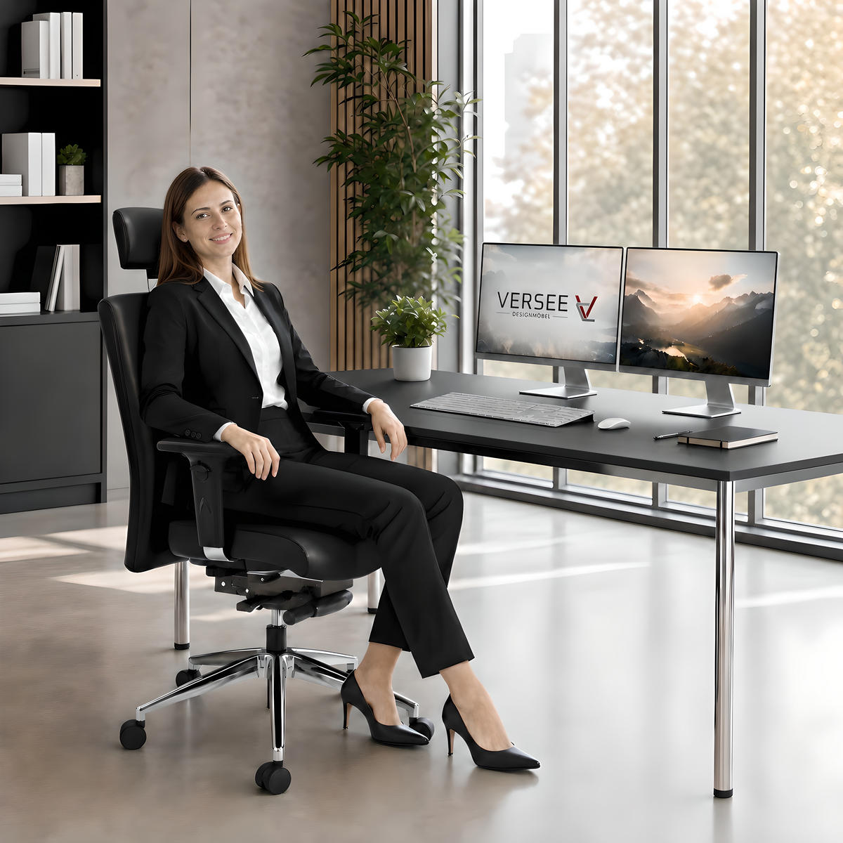 CHEFSESSEL Terox Leder Schwarz - ergonomisch, 150 kg belastbar, Sitzhöhe 48-60cm - Schwarz, Kunststoff/Textil (65/112/60cm) - Versee