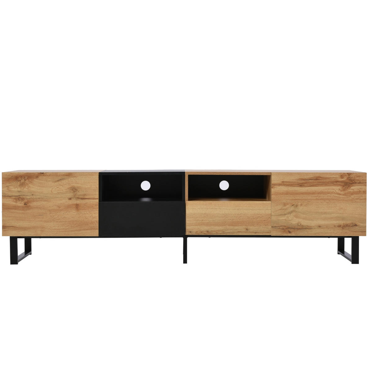 TV stalak 190/38/48 cm crni i boja prirodnog drva od MDF-a s 2 vrata i 2 ladice - prirodne boje, drvni materijal (190/48/38cm) - OKWISH