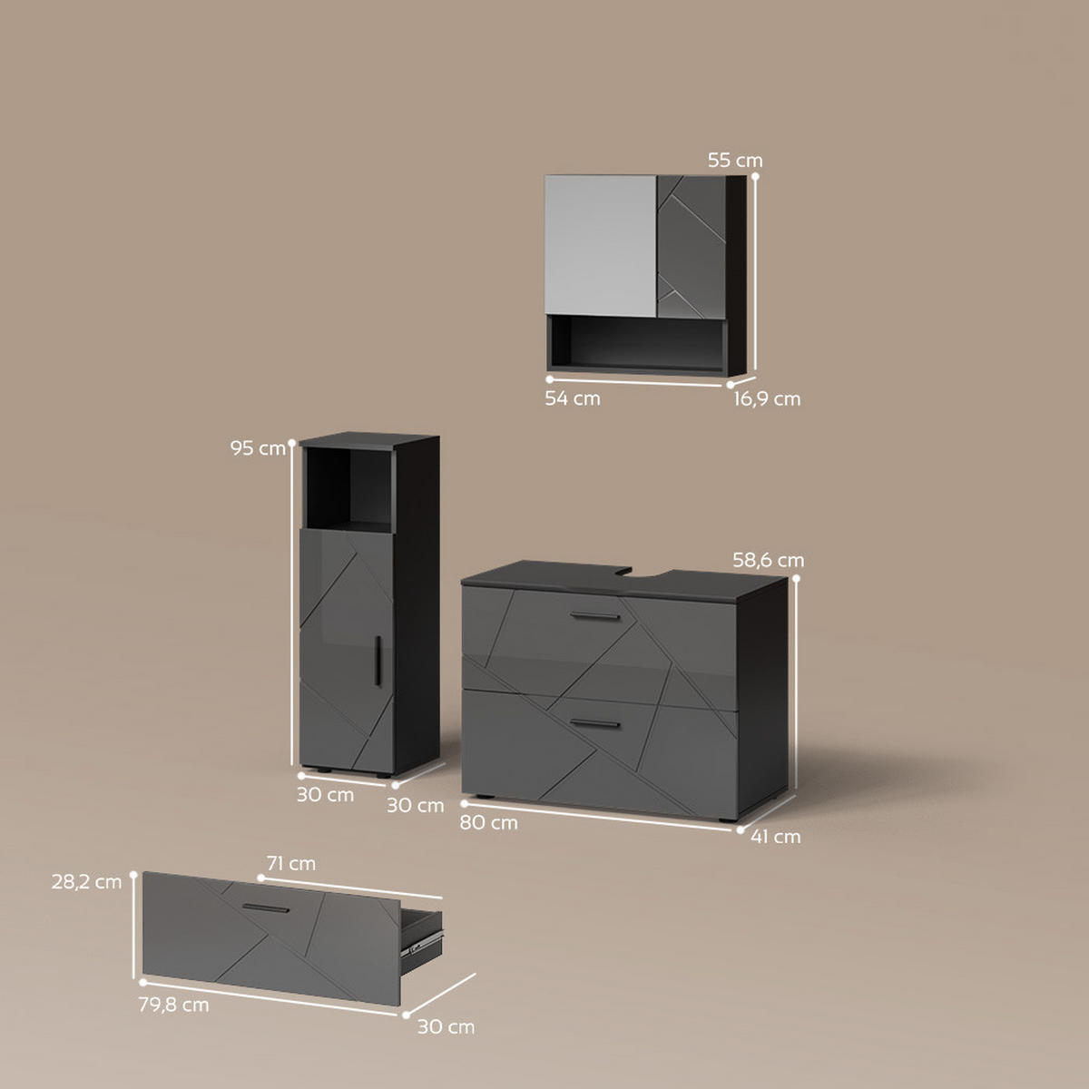 BADMÖBEL-SET Ronco Anthrazit Hochglanz 3 Teile, mit Midischrank - Anthrazit, Holzwerkstoff (80/58/41cm) - Livinity®