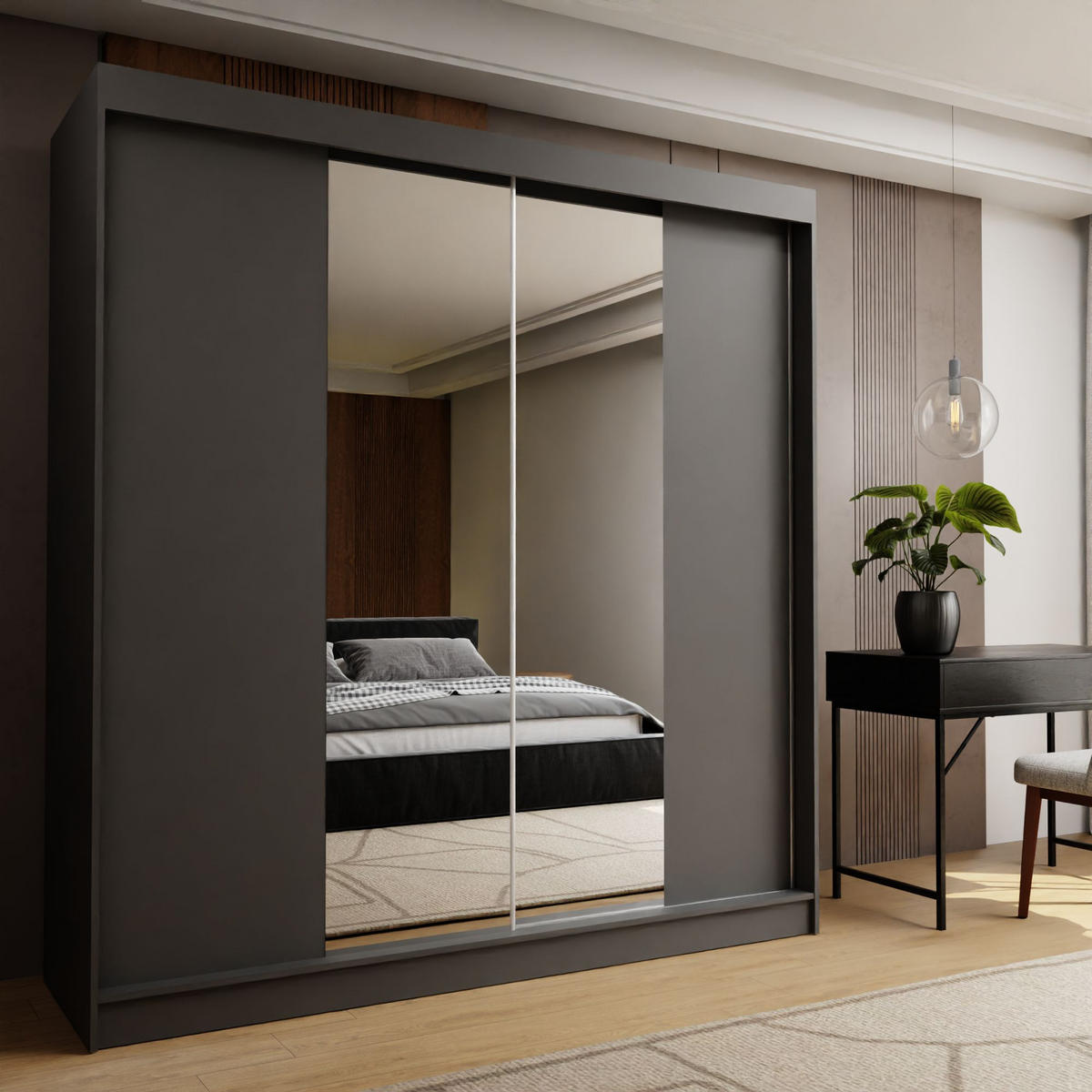 SCHWEBETÜRENSCHRANK LUCENZA 200/216/61 cm 2-türig mit Spiegel Grau - Grau, Holzwerkstoff (200/216/61cm) - MASSENO
