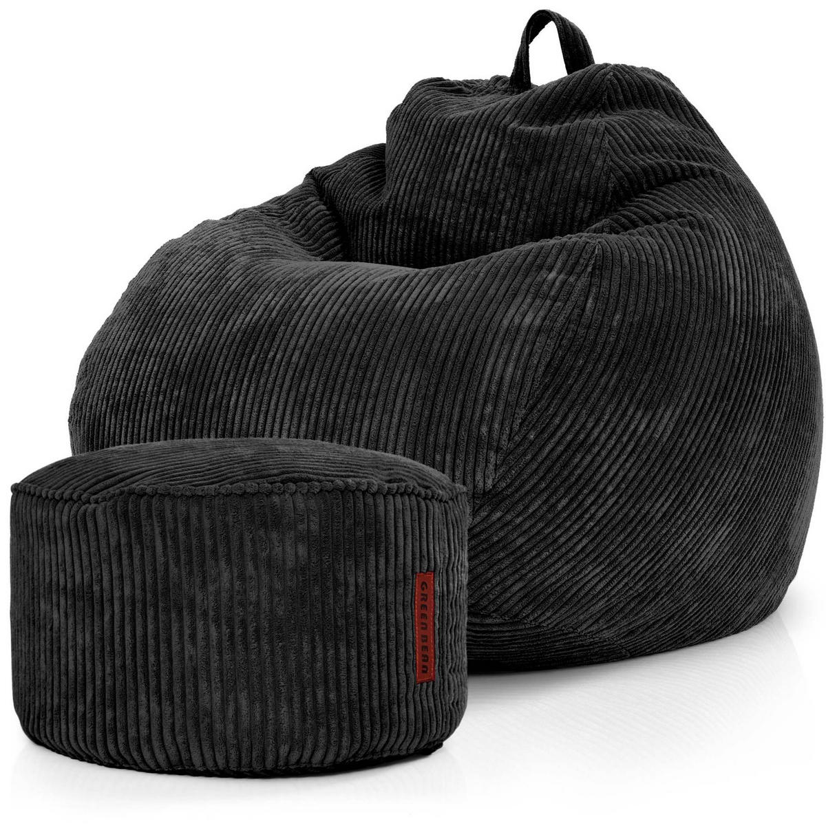XXL-SITZSACK 2er Set + Pouf - Cordstoff - Schwarz, Textil (90/110/90cm) - Green Bean