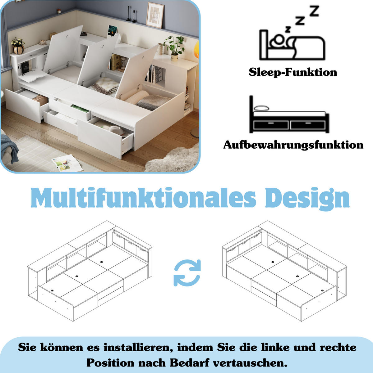 KINDERBETT 90/200 cm aus MDF mit 4 Schubladen, Bücherregal und Stauraum Weiß - Weiß, Holzwerkstoff (90/200cm) - Modenvie