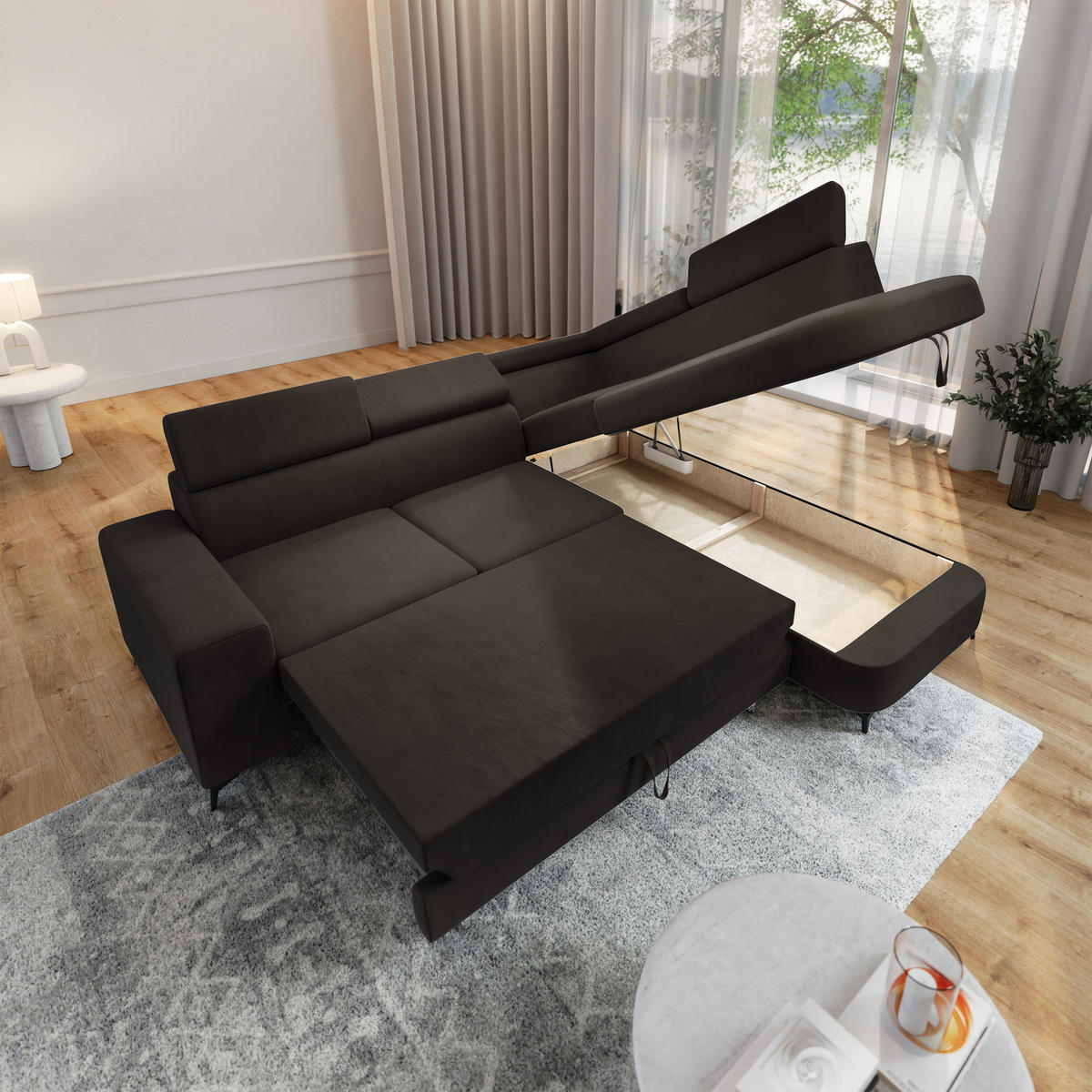 ECKSOFA ALVORO R-S Braun Velours-Stoff mit Schlaffunktion - Braun, Holz (253/190cm) - MASSENO