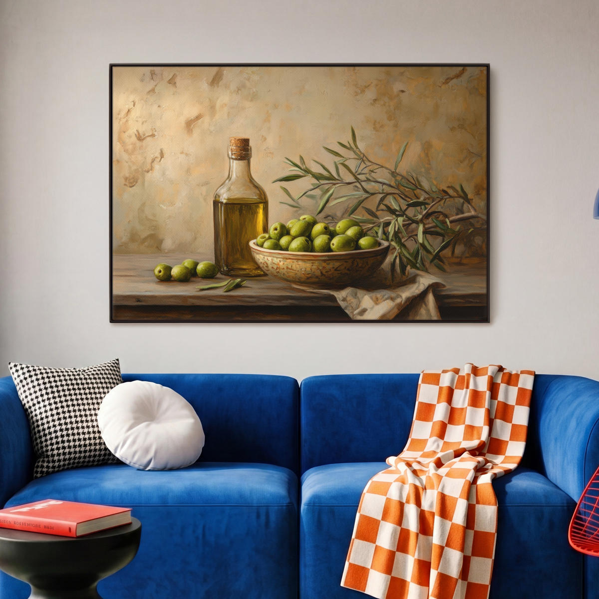 LEINWAND Bilder mit Rahmen - Oliven - Stilleben - Vintage - 90x60 - Olivgrün, Textil (90/60cm) - MuchoWow
