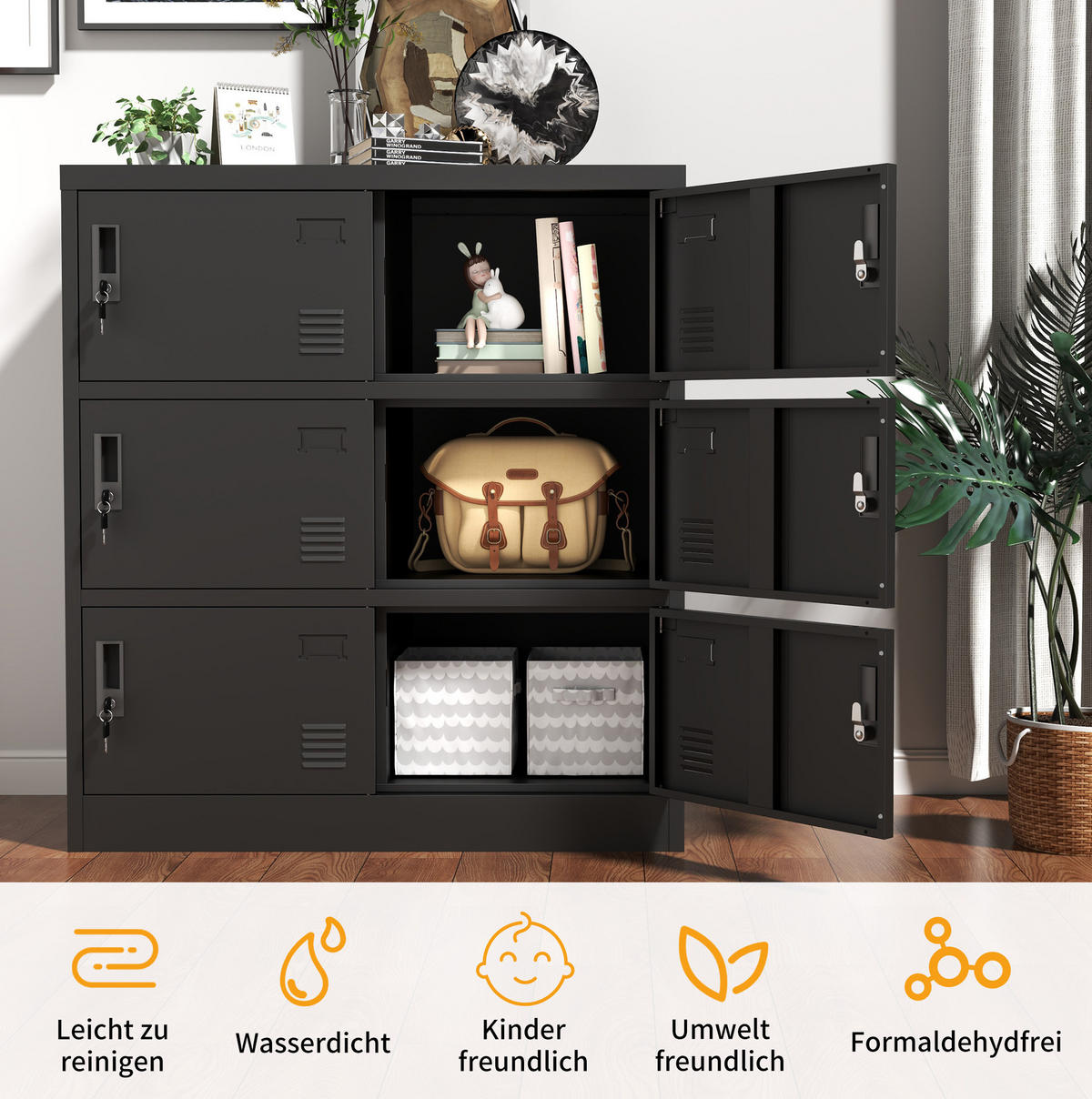 KOMMODE 90/40/100 cm aus Metall mit 6 abschließbaren Fächern Schwarz - Schwarz, Metall (40/100/90cm) - Modenvie