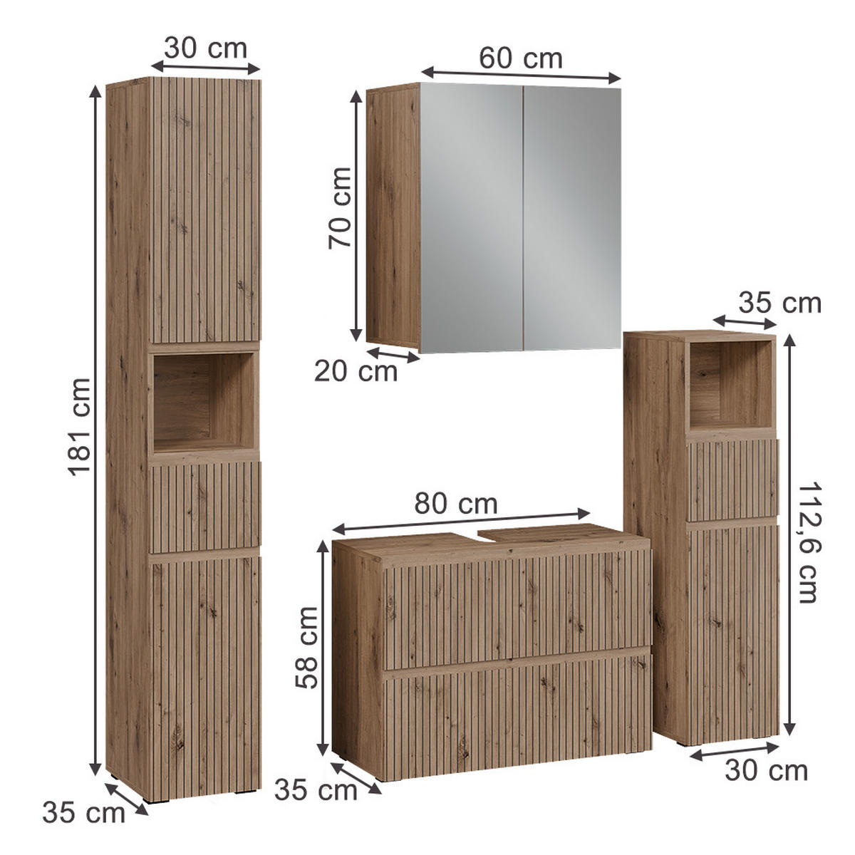 BADMÖBEL-SET Takumi Artisan 4 Teile - Hellgrau, Holzwerkstoff (80/58/35cm) - Vicco