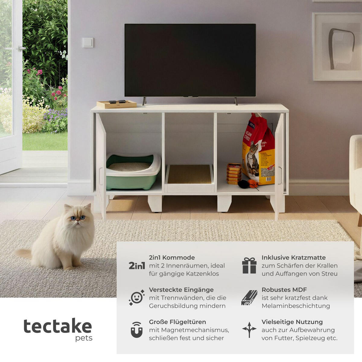 KATZENSCHRANK Freya,inklusive Kratzmatte, 120 x 52 x 65 cm,weiß - Weiß, Holz (120/65/52cm) - tectake