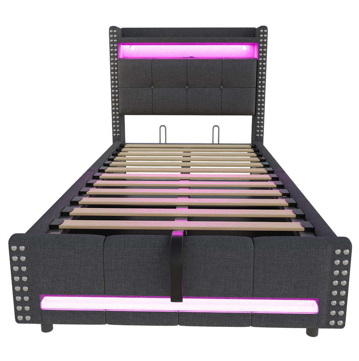 POLSTERBETT 90/200 cm Grau mit LED-Beleuchtung, USB-Anschluss und Stauraum - Grau, Textil (90/200cm) - Flora Grace