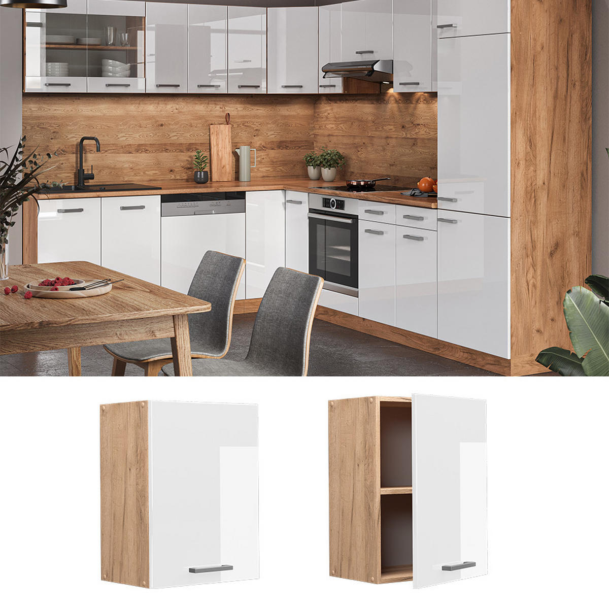 HÄNGESCHRANK R-Line Weiß Hochglanz 45 cm - Honigeiche/Weiß Hochglanz, Holzwerkstoff (45/60/31cm) - Vicco