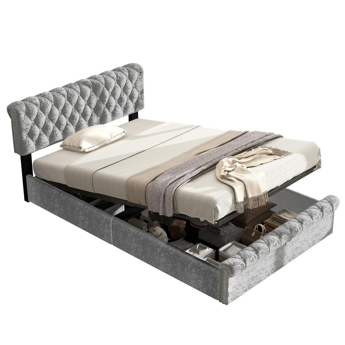 POLSTERBETT 140x200 Samt Hydraulisch Grau Kopfteil - Grau, Holz - FLIEKS