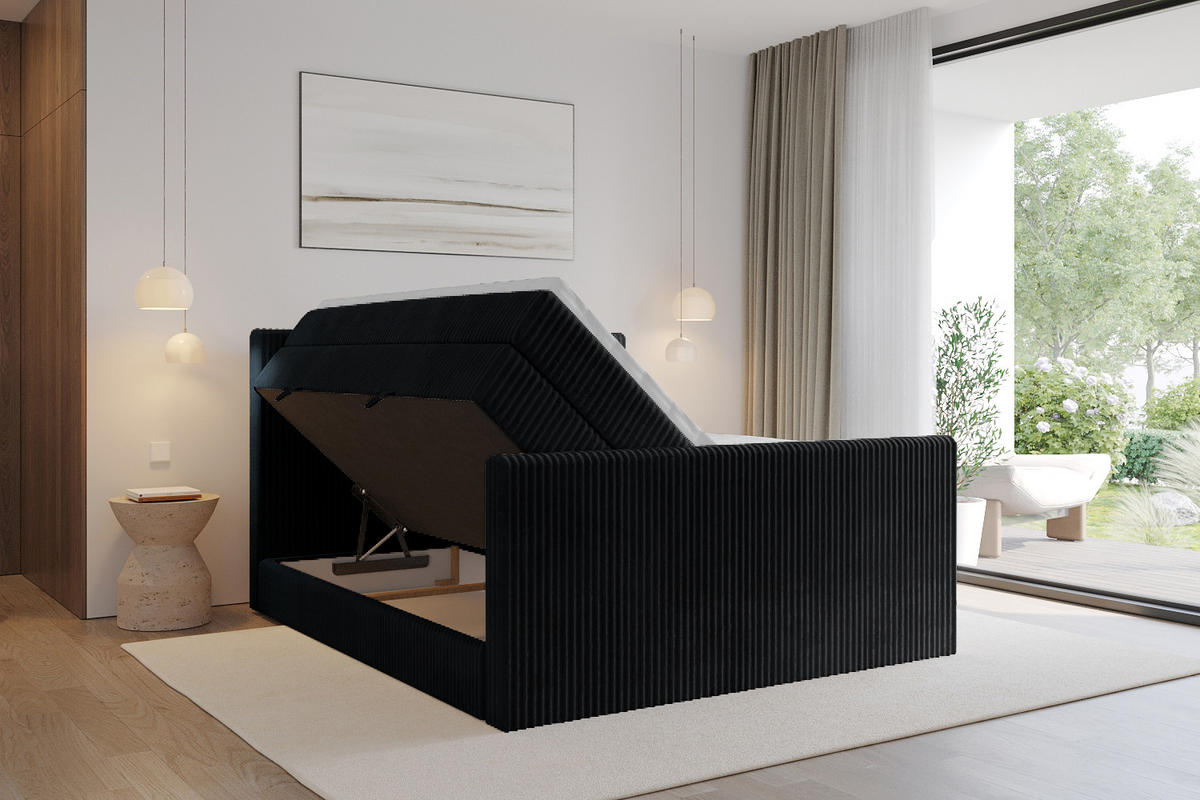 BOXSPRINGBETT mit Matratze H3|H4 und Lattenrost - TOLO-Z KING 200x200 Cord - Schwarz - Schwarz, Holzwerkstoff (200/200cm) - ALTDECOR