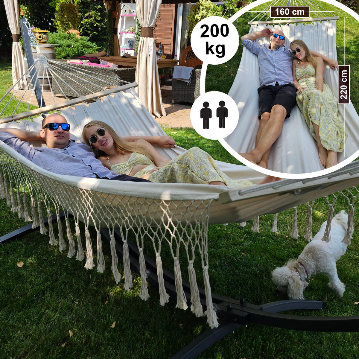 HÄNGEMATTE mit Gestell, 2 Personen, Stabhängematte, XXL, 200 kg, Metall, Santia Beige, einfache Montage - Beige, Metall (370/130/120cm) - Potenza