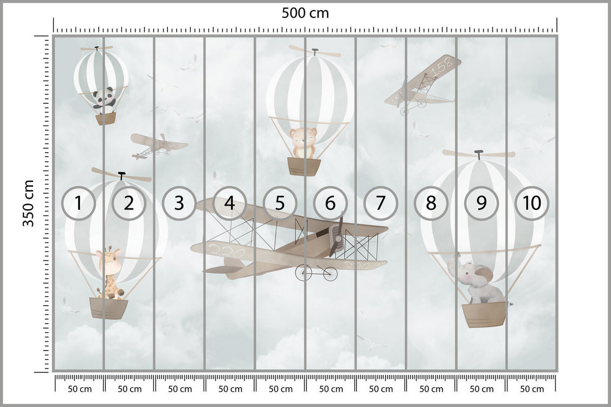 FOTOTAPETA Pre Detskú Izbu Balóny Zvieratá Oblaky Lietadlá Fantázia Retro 500 x 350 cm - hnedá/sivá, papier (500/350cm) - Muralo