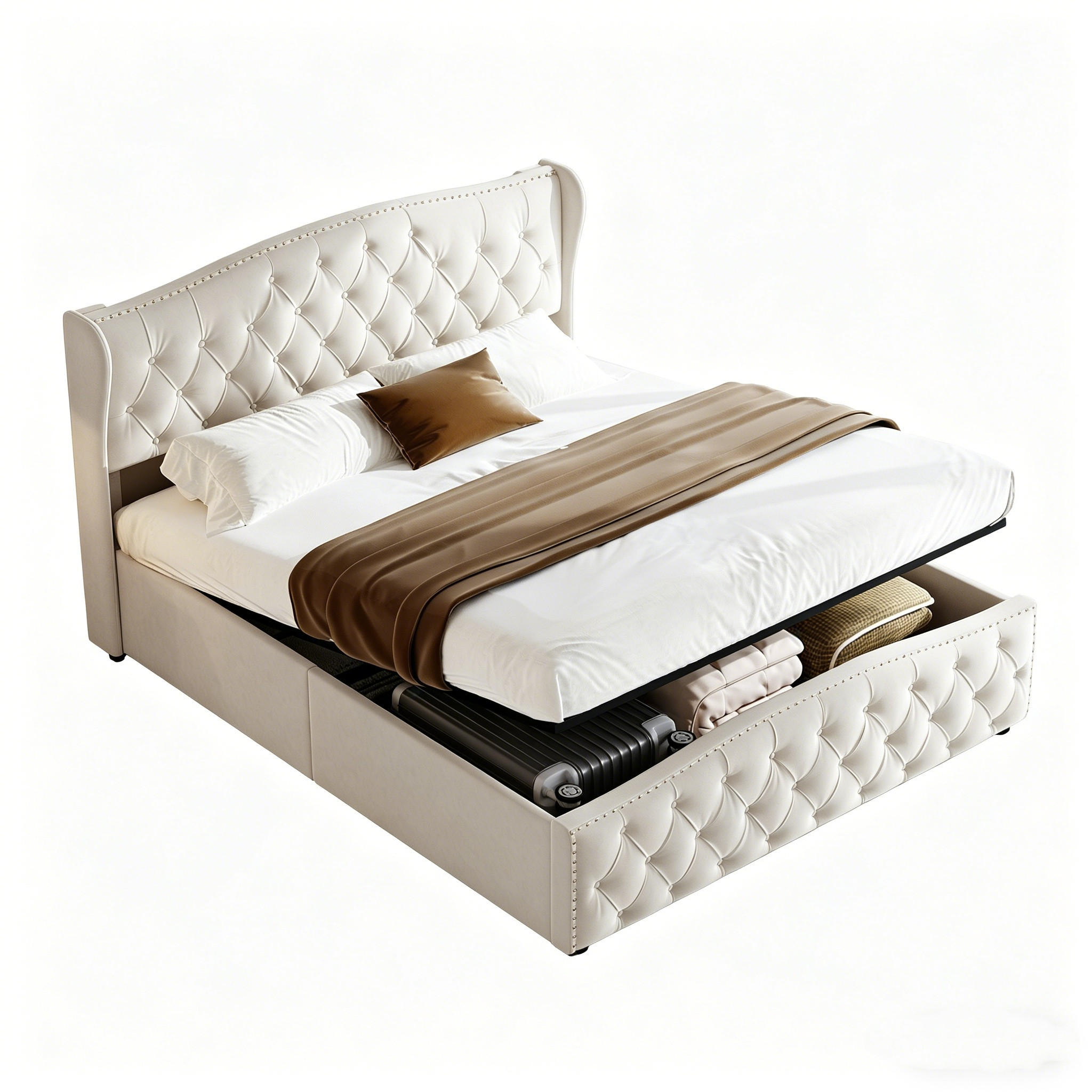 DOPPELBETT,STAURAUMBETT 140x200 cm mit Bettkasten Samt Beige - Beige, Holz (140/200cm) - PARAFTA HOME