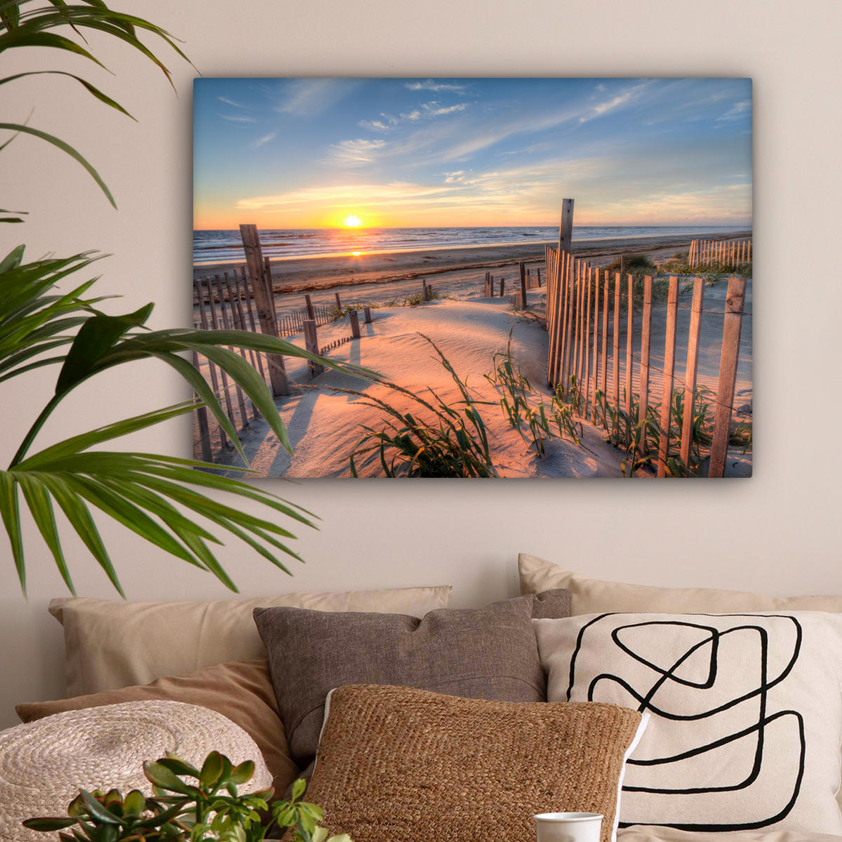 LEINWANDBILD Strand - Meer - Düne - Sonnenuntergang - Landschaft Wandbilder 80x60 cm - Beige, Textil (80/60cm) - MuchoWow