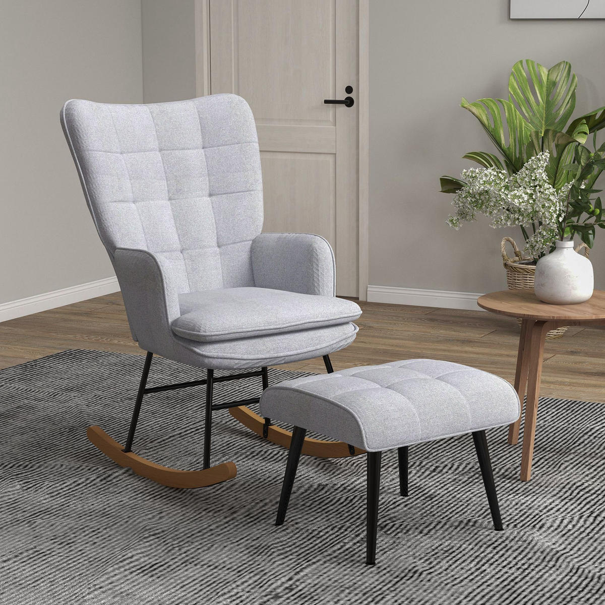 SCHAUKELSTUHL Hellgrau mit Hocker, Leinenoptik - Hellgrau, Textil (89/90/64cm) - Oxeza