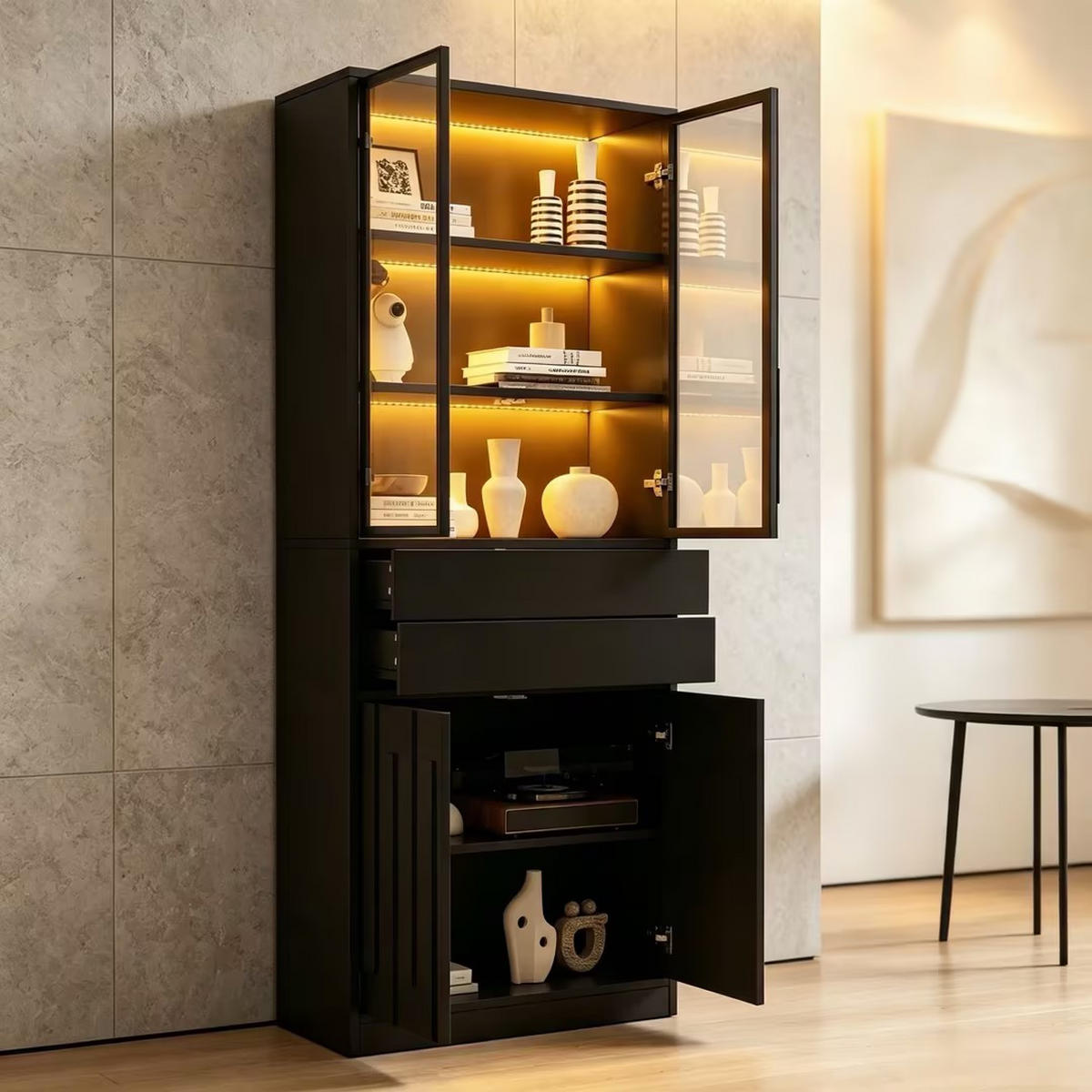 VITRINE 2er-Set 140x34x180 cm Schwarz LED Glastüren - Schwarz, Holzwerkstoff (140/180/34cm) - FLIEKS