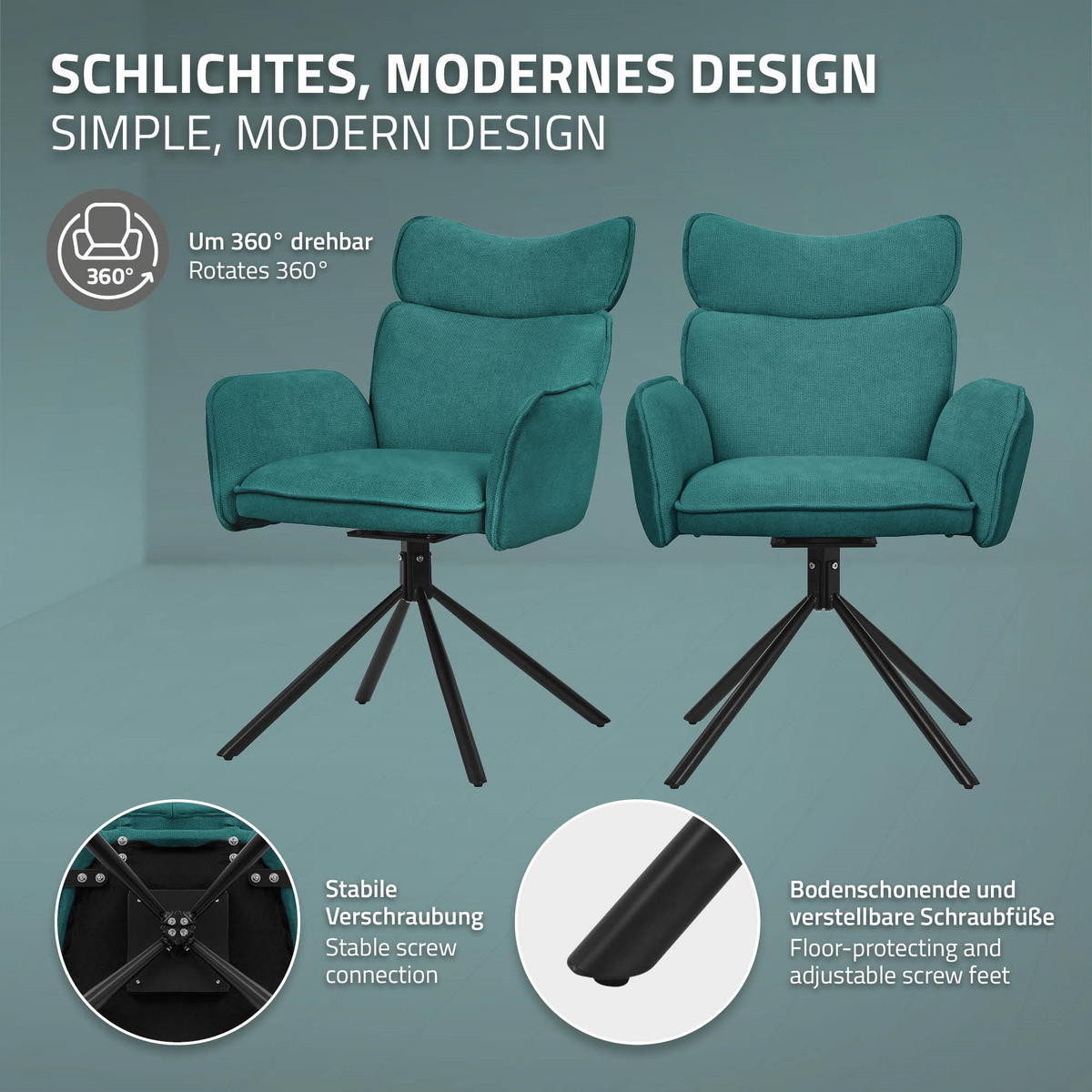 JÍDELNÍ ŽIDLE, sada 6 ks, otočné, petrolová barva, s látkovým potahem - černá/petrolejová, kov/textil (63/89/68cm) - ML-DESIGN