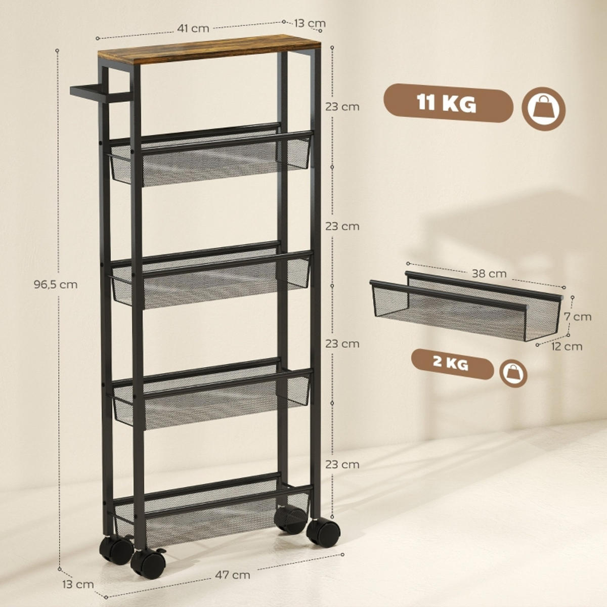 KÜCHENWAGEN 13 cm, Servierwagen mit Arbeitsplatte, 5 EBENEN, 47/13/96,5 cm - Schwarz, Holzwerkstoff (13/96.5/47cm) - Rolipo