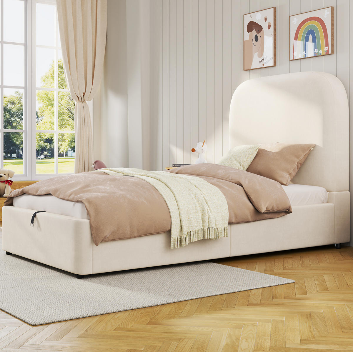 KINDERBETT 90/200 cm aus Samt mit hydraulischem Stauraum Beige - Beige, Textil (90/200cm) - Modenvie