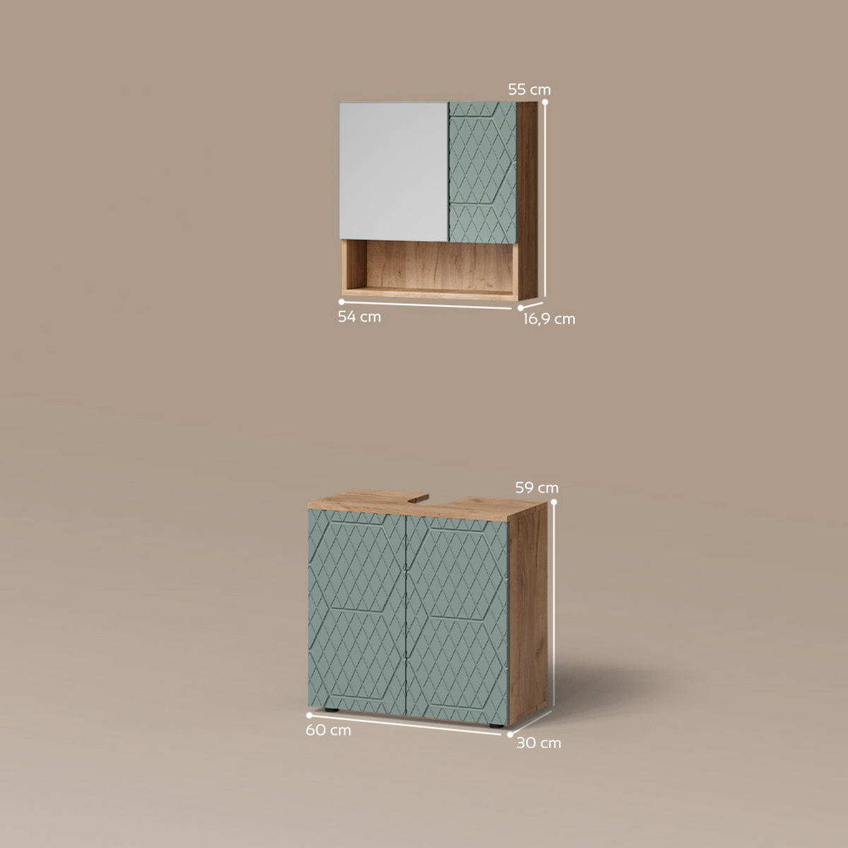 BADMÖBEL-SET Ronco Grün/Goldkraft Eiche 2 Teile, Unterschrank 60 cm - Eiche Wotan/Grün, Holzwerkstoff (60/59/30cm) - Livinity®
