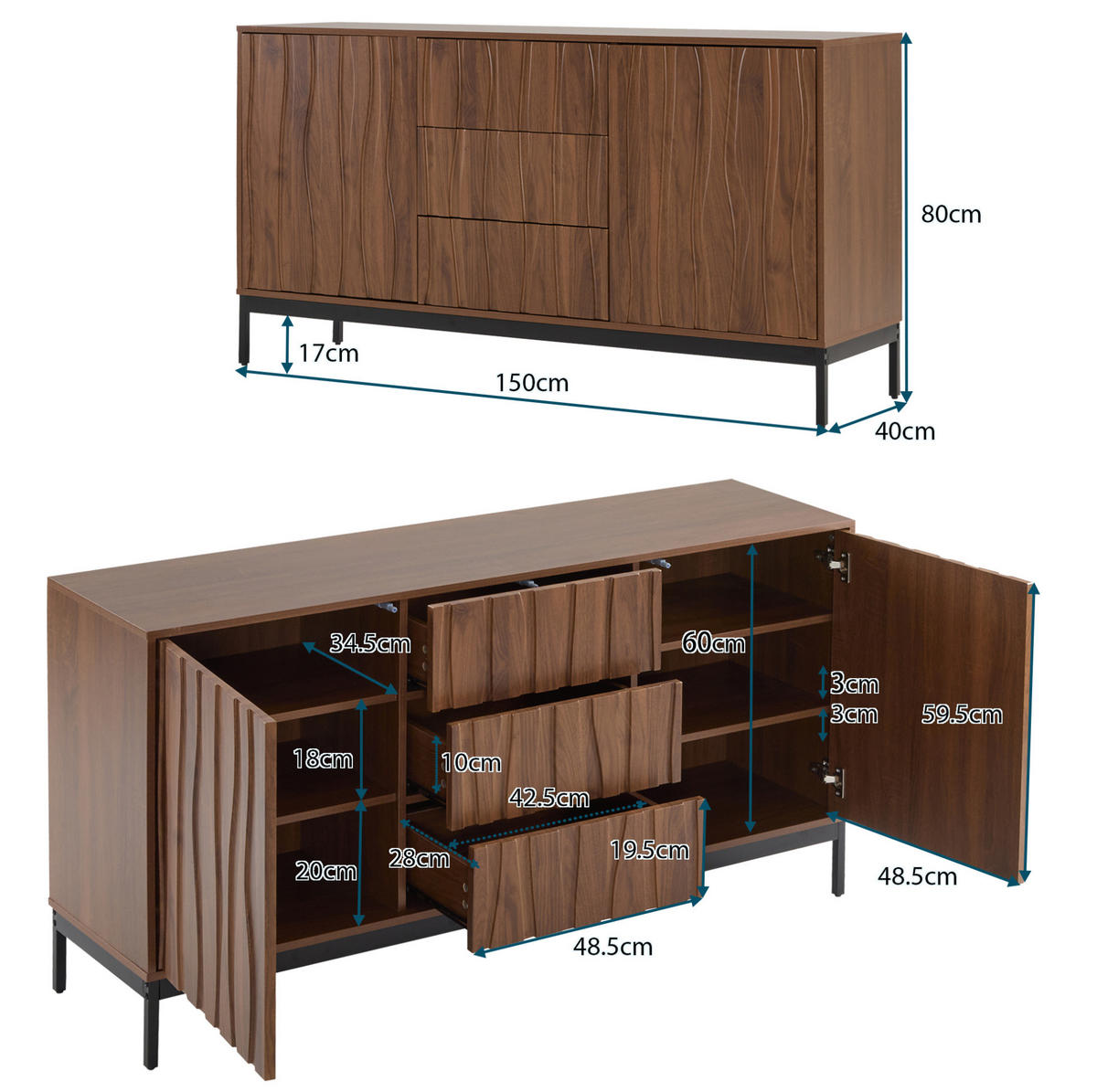 SIDEBOARD mit Schubladen und 2 verstellbaren Regalen, slotted Design, 150/40/80 cm, Dunkelbraun - Dunkelbraun, Holzwerkstoff (150/80/40cm) - Redom