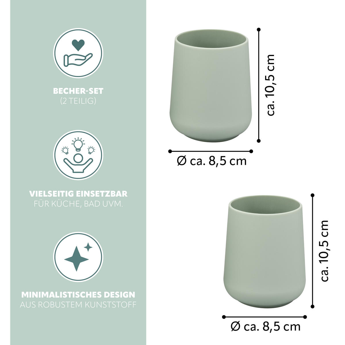 BECHER-SET TESERO 2tlg., Soft-Touch, salbei - Salbeigrün, Kunststoff (8.5/10.5/8.5cm) - eluno