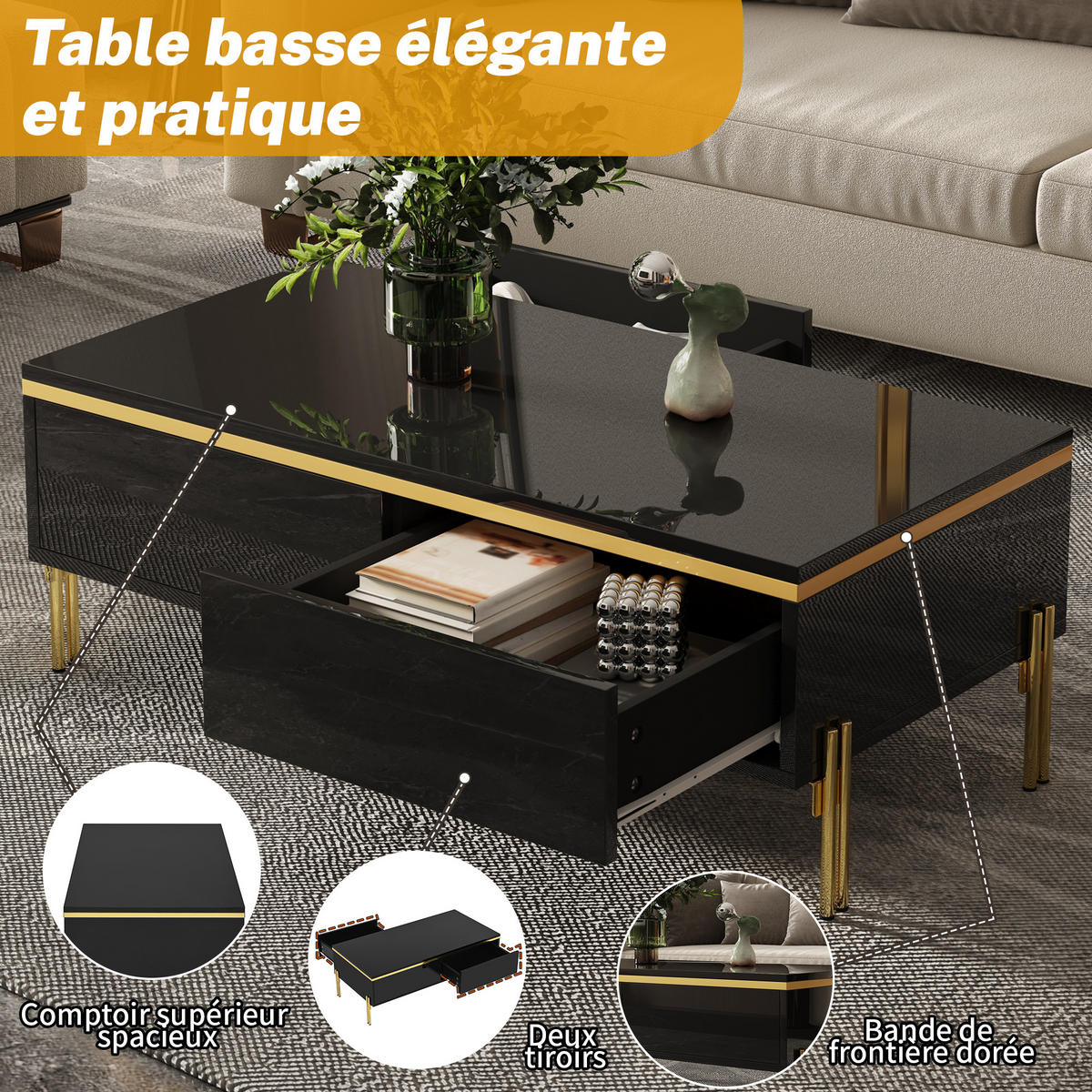 COUCHTISCH Hochglanz mit Schubladen 100 x 50 x 36 cm - Schwarz, Holzwerkstoff (100/50/36cm) - ComfortXL