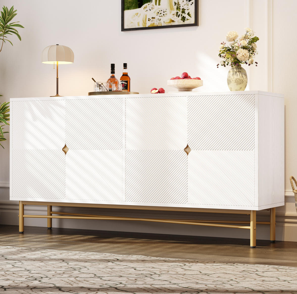SIDEBOARD 160/40/82 cm aus MDF und Spanplatte mit 4 Türen, Soft-Close und goldfarbenen Details, Weiß - Weiß, Holzwerkstoff (160/82/40cm) - Redom