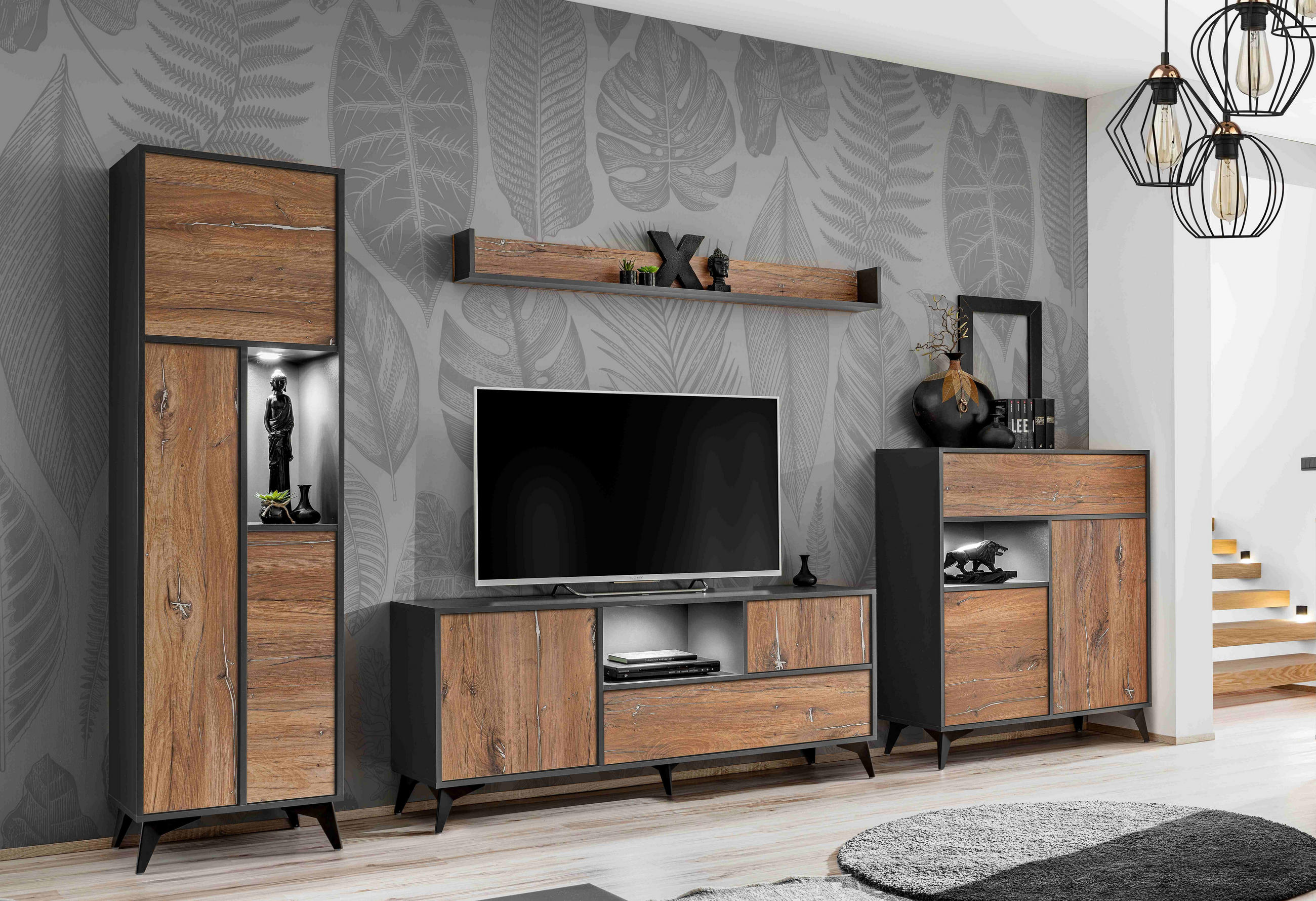WOHNWAND ORVIETO Set RTV, Set aus 4 Wohnzimmermöbeln, Eiche, Anthrazit, Weiß LED Beleuchtung - Eichefarben/Anthrazit, Holzwerkstoff (350/178/40cm) - Komodee