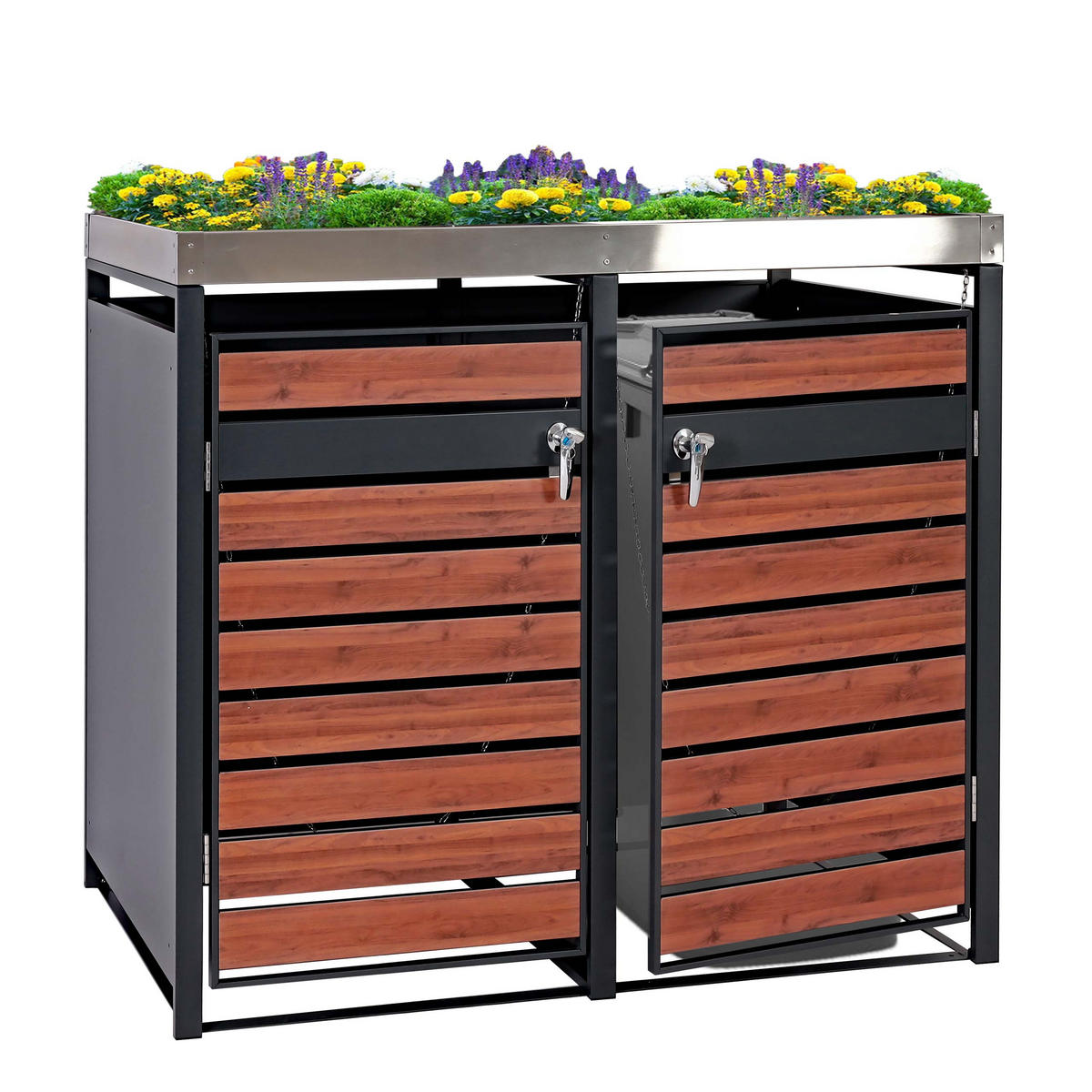MÜLLTONNENBOX 2er mit Pflanzkasten 125x132x80cm Anthrazit Kirsche-Holzoptik erweiterbar - Kirschbaumfarben, Metall (132/125/80cm) - PROREGAL