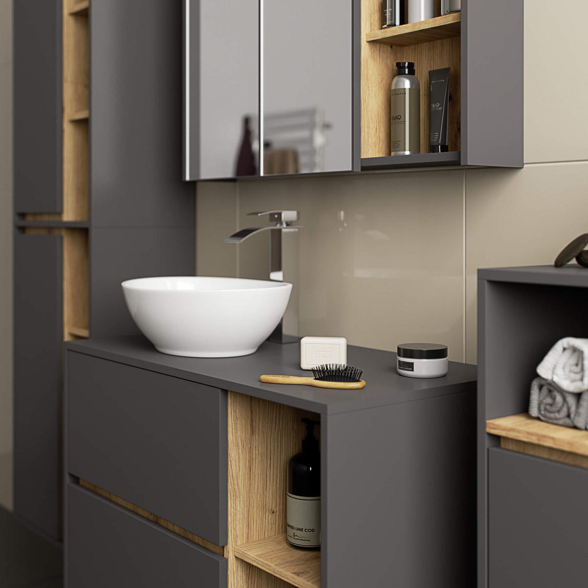 BAD HOCHSCHRANK Vami Grau, Eiche Artisan - Eiche Artisan/Grau, Holzwerkstoff (50/170/30cm) - Akord