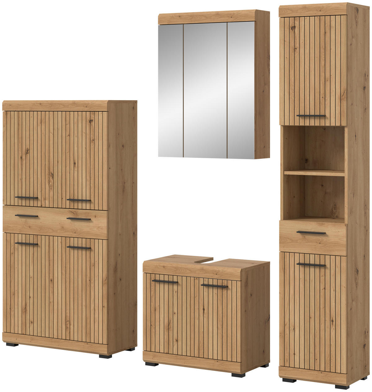 BADMÖBEL-SET Eiche Artisan 4-teilig 200 x 191 cm, Badkombination in modernem Design - Schwarz/Eiche Artisan, Glas/Holzwerkstoff (201/191/34cm) - Inn.Furn