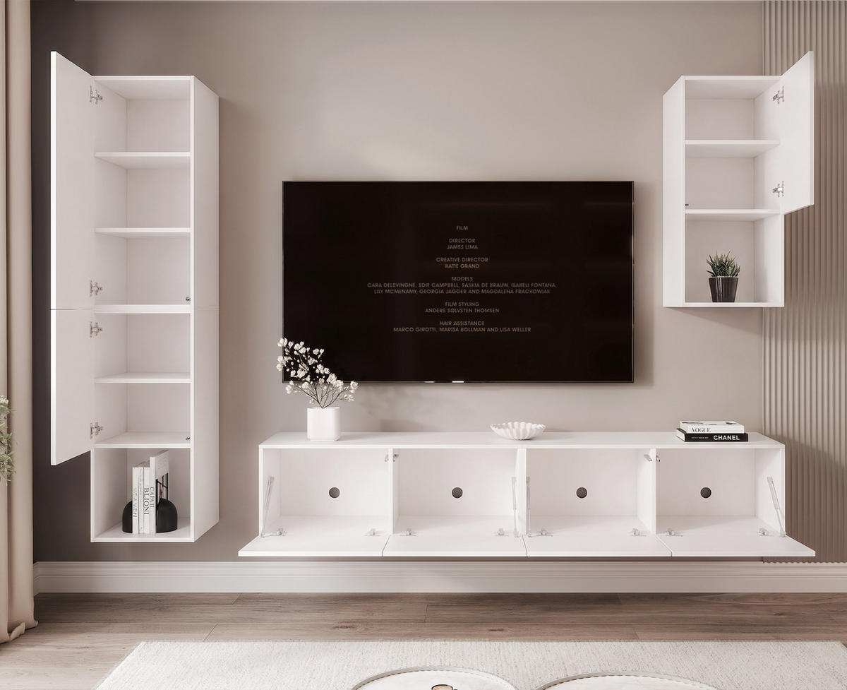 WOHNWAND ANGEL LINE III 3-teilig, mit LED-Beleuchtung, Weiß Hochglanz - Weiß Hochglanz, Holzwerkstoff (240/216/40cm) - Idohome