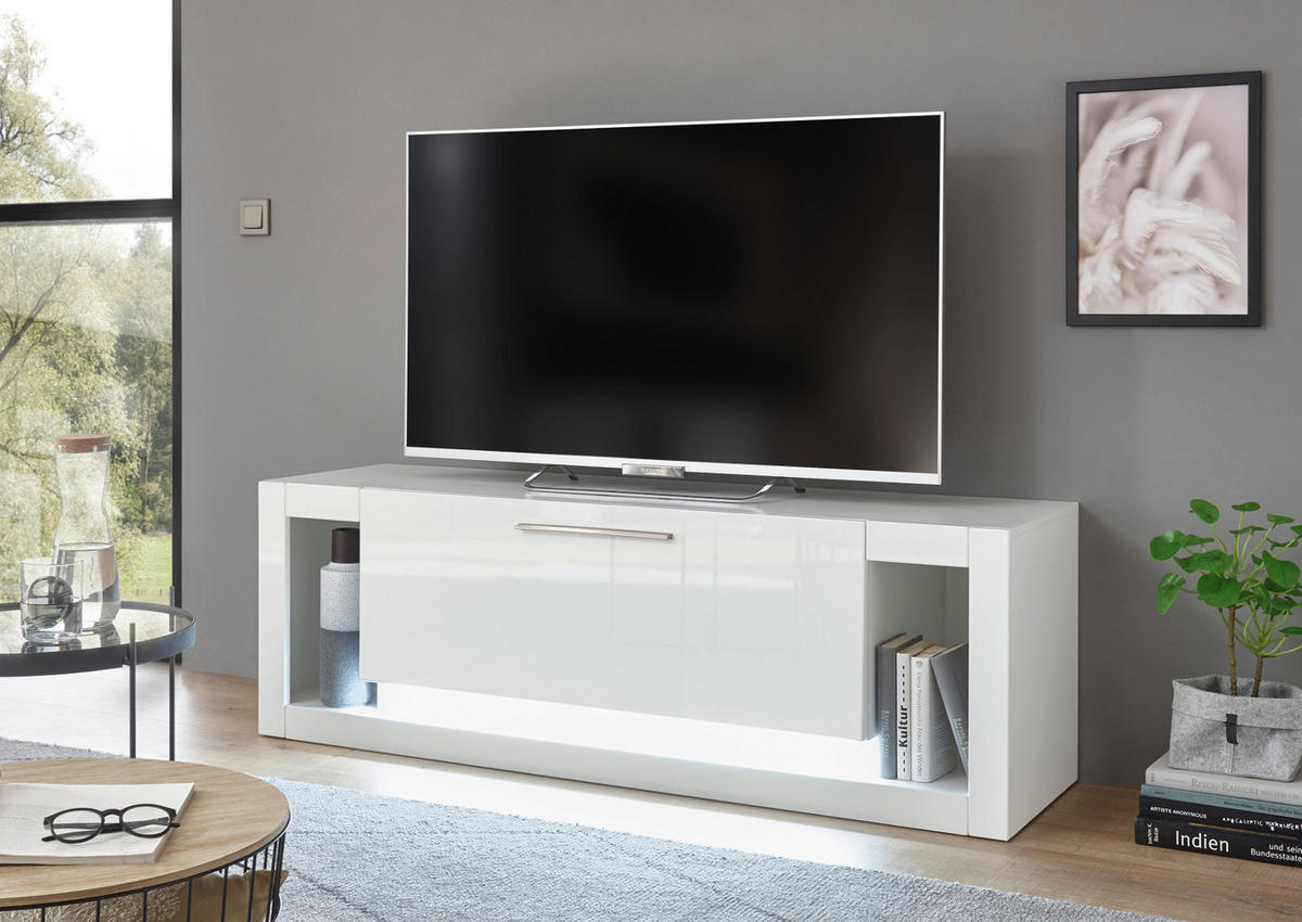TV-LOWBOARD weiß Hochglanz 150 cm, TV-Unterteil mit 6 Fächern - Weiß Hochglanz/Silberfarben, Holzwerkstoff/Kunststoff (150/49/43cm) - Furn.Design