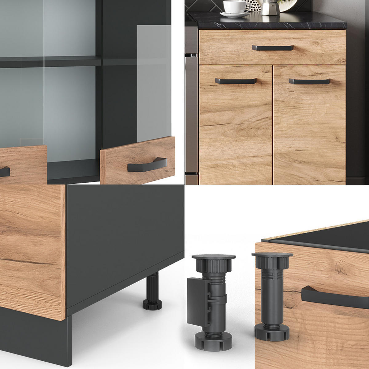 KÜCHENZEILE R-Line Goldkraft Eiche/Anthrazit 200 cm, AP Marmor - Honigeiche/Anthrazit, Holzwerkstoff (200/81.6/60cm) - Vicco