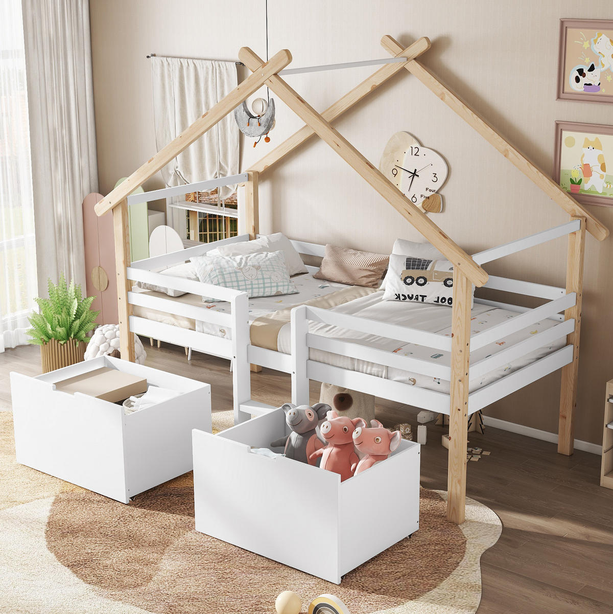 KINDERBETT 90/200 cm mit Hausdach, Treppe, 2 Schließfächern und Rundum-Absturzsicherung, Weiß/Natur - Weiß, Holzwerkstoff (90/200cm) - Redom