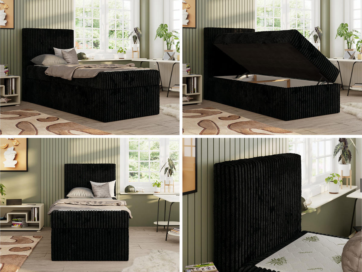 JUGENDBETT TILIO 90/200 - Schwarz - H4 - Links Seite - Schwarz, Textil (90/200cm) - MKS