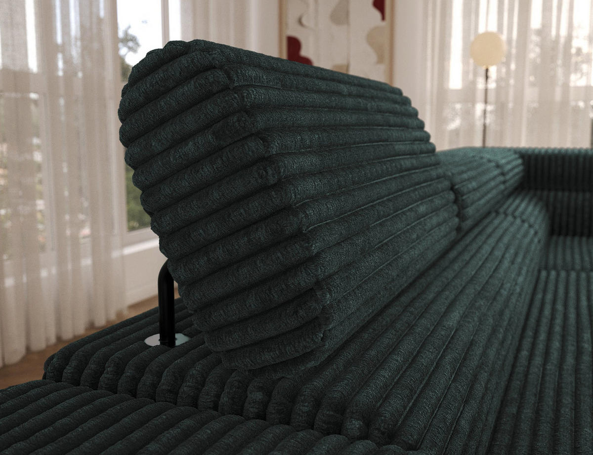 ECKSOFA COLESIO L-Form, Schlaffunktion, Bettkasten, verstellbare Kopfstützen, Wellenfederung, Metallfüße, breiter Cordstoff - Dunkelgrün/Schwarz, Kunststoff/Metall (204/269cm) - Wohnideebilder