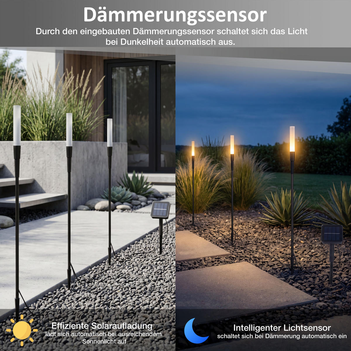 LED-GARTENSTECKER 6er-Set Solarleuchten warmweiß schwarz 121 cm Metall Acryl wetterfest mit Dämmerungssensor Außenbeleuchtung - Schwarz, Kunststoff (3/3/121cm) - Northpoint