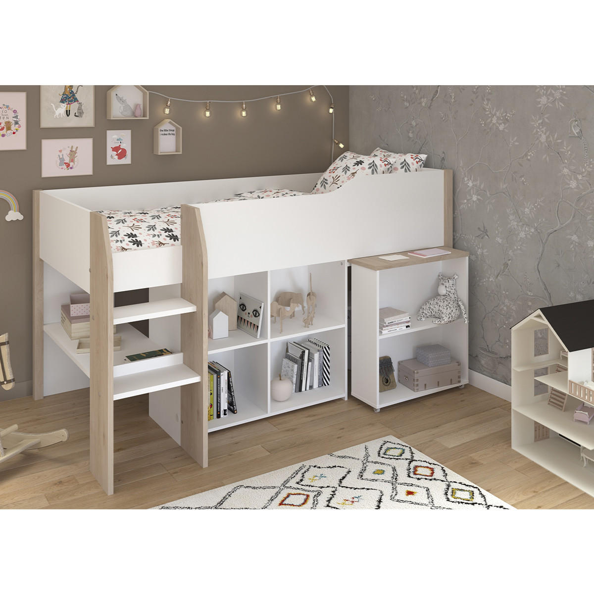 HOCHBETT mit Schreibtisch und Stauraum 90x200 cm - Finland - Apfelbaumfarben, Holzwerkstoff (90/200cm) - Calicosy