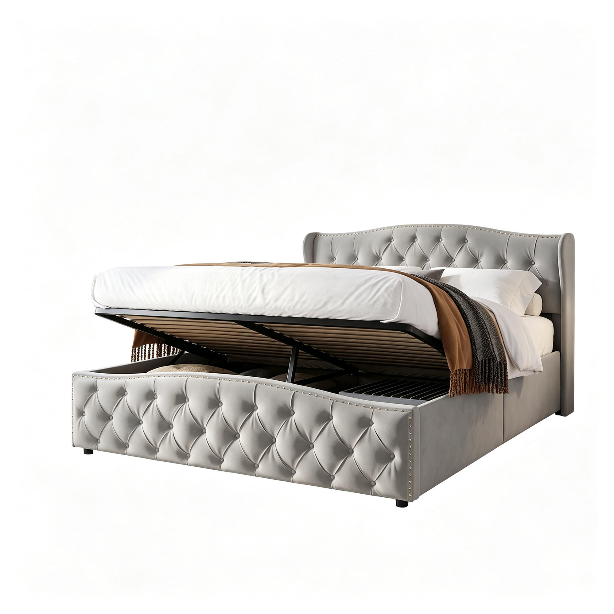 POLSTERBETT 160x200 cm mit Bettkasten, Doppelbett mit Kopfteil, Lattenrost und Stauraum, Samt Grau - Grau, Holz/Textil (160/200cm) - GENKI LIVING