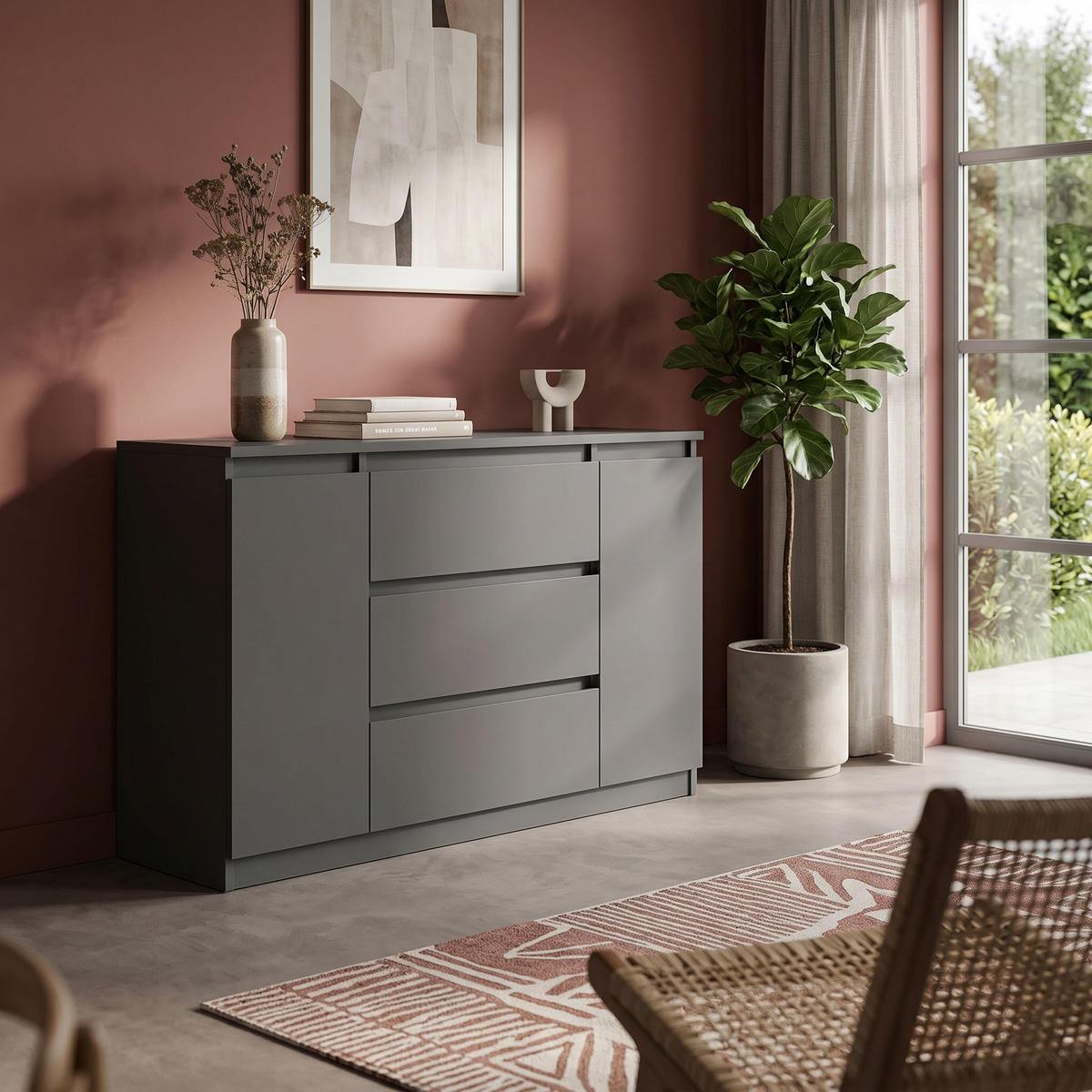 KOMMODE NUDO 120/78,5/39cm mit 3 Schubladen 2 Türen Anthrazit - Anthrazit, Holzwerkstoff (120/78.5/39cm) - MASSENO