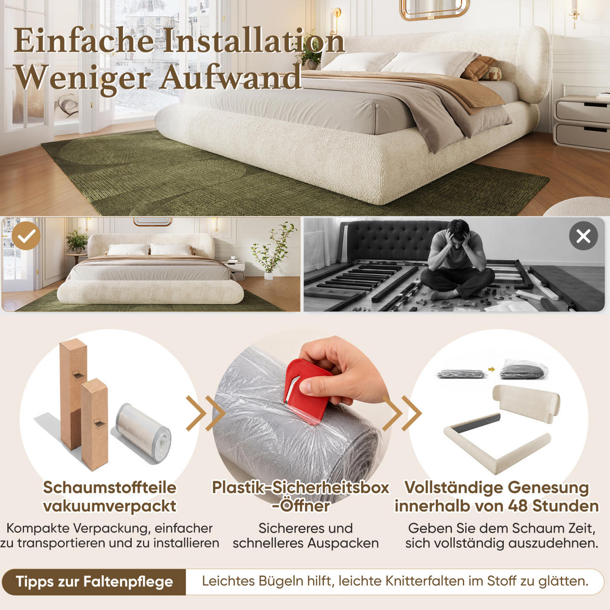 POLSTERBETT aus Chenille 180x200 cm Beige mit Lattenrost und gepolstertem Kopfteil - Beige, Textil (180/200cm) - Modfu