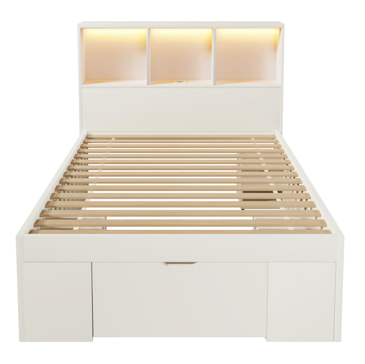 BETT mit Kopfteil 90/200 cm in Weiß – inkl. Lattenrost, Bettkasten und Nachttisch - Weiß, Holzwerkstoff (90/200cm) - BEAOK