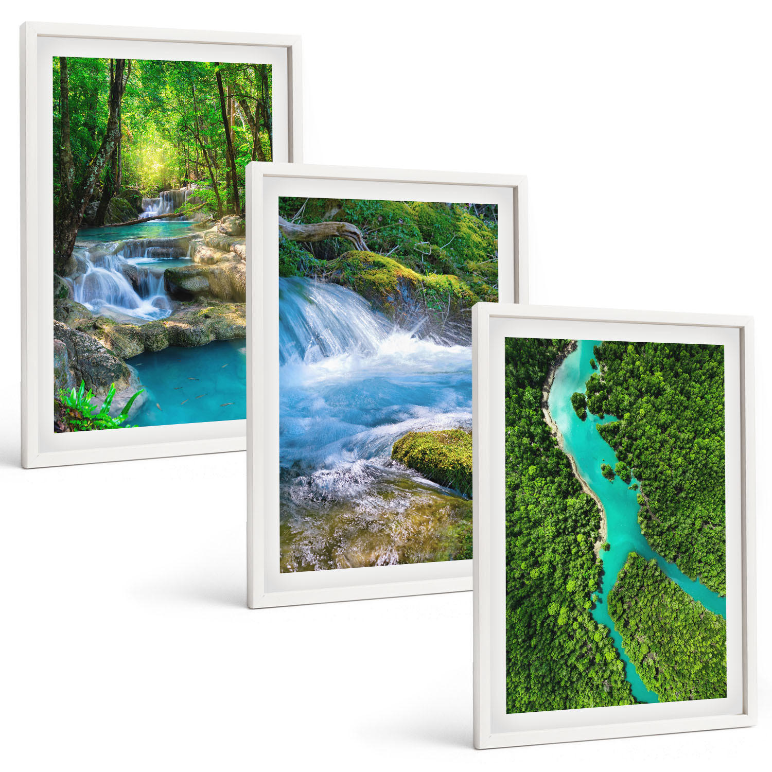 BILDER SET 3er Set - 40x60 cm Weißer Rahmen - Grüne Wälder, kristallklares Wasser - Weiß, Kunststoff (40/60cm) - TULUP