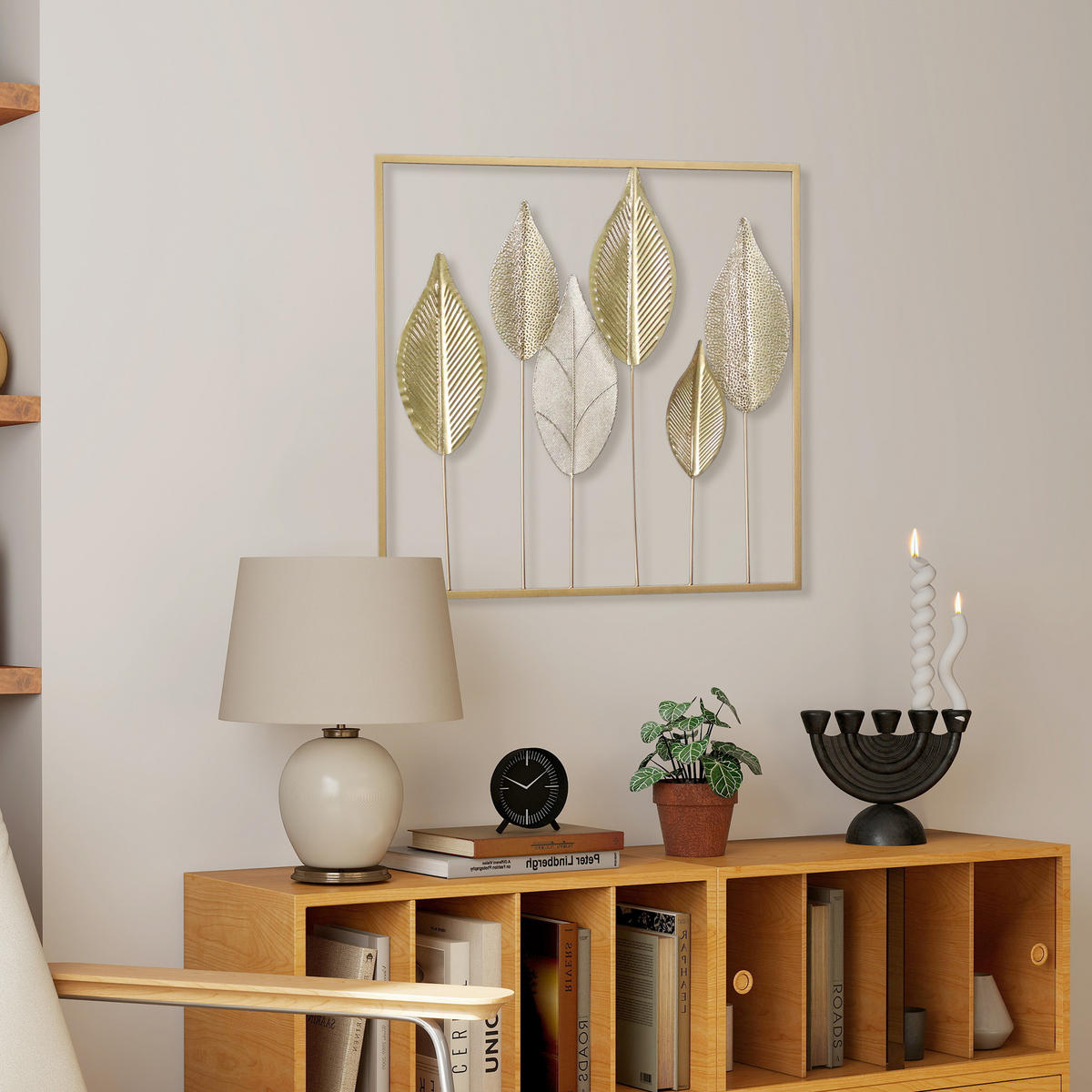 WANDDEKOR DE-08853 Blattdesign mit Metallrahmen, 70/70 cm Goldfarben - Goldfarben, Metall (2.5/70/70cm) - ComfortXL