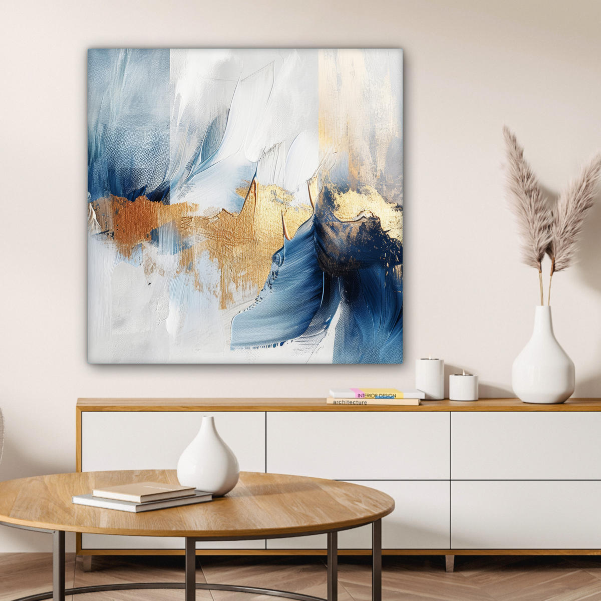 LEINWANDBILD Gold - Blau - Aquarell - Kunst - Modern Deko Groß 90x90 cm - Hellblau, Textil (90/90cm) - MuchoWow