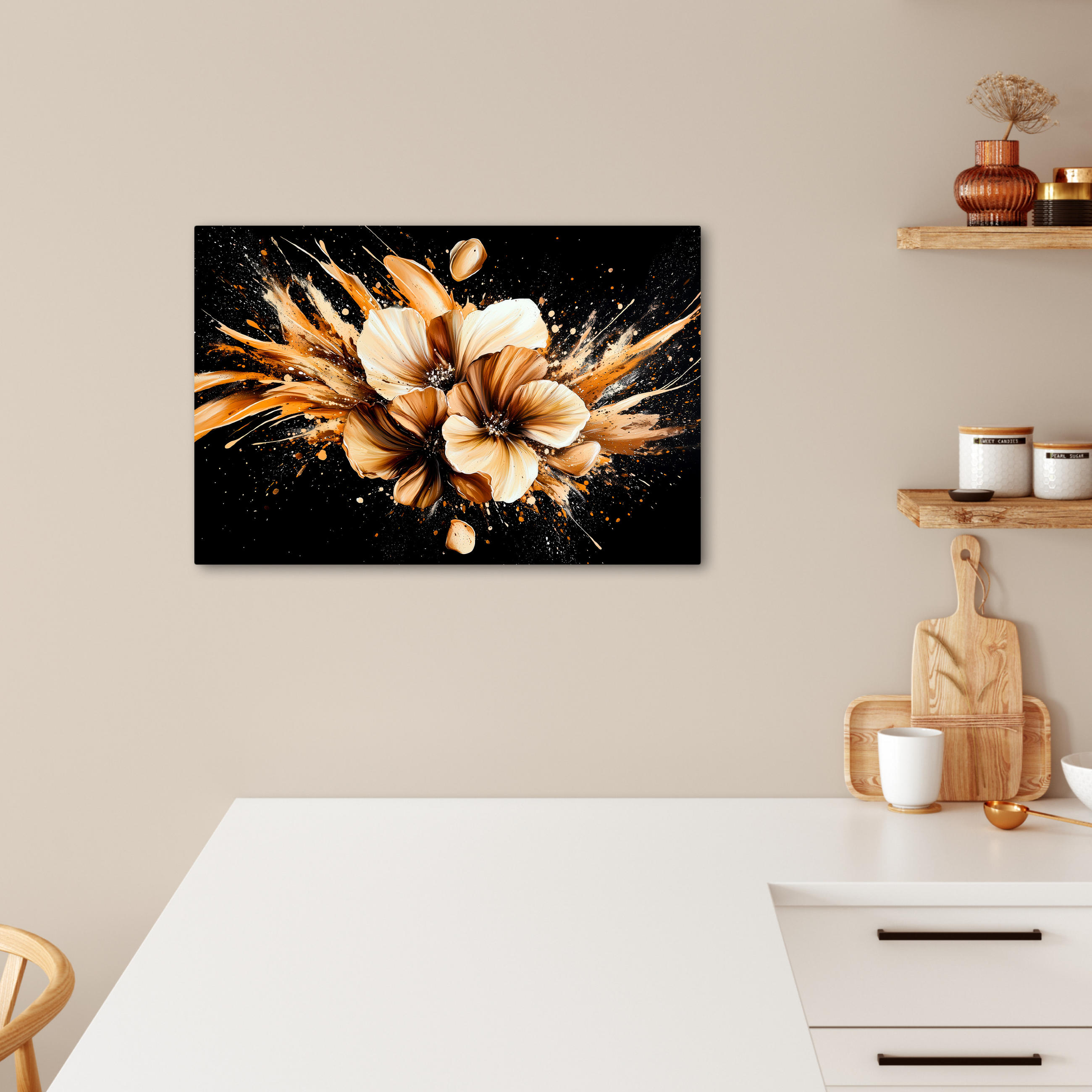 LEINWANDBILD Blumen - Gold - Graffiti - Schwarz - Abstrakt Gemälde 60x40 cm - Cappuccino, Textil (60/40cm) - MuchoWow