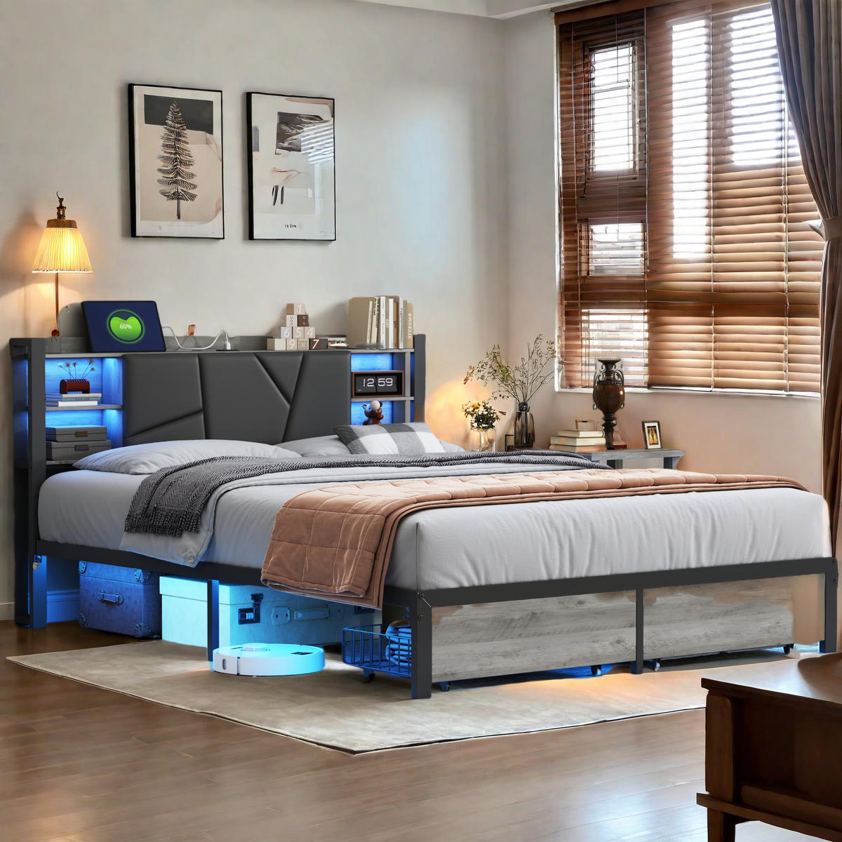POLSTERBETT 160x200 cm Holz LED USB Schubladen - Grau, Holz (160/200cm) - SHOPENTRA